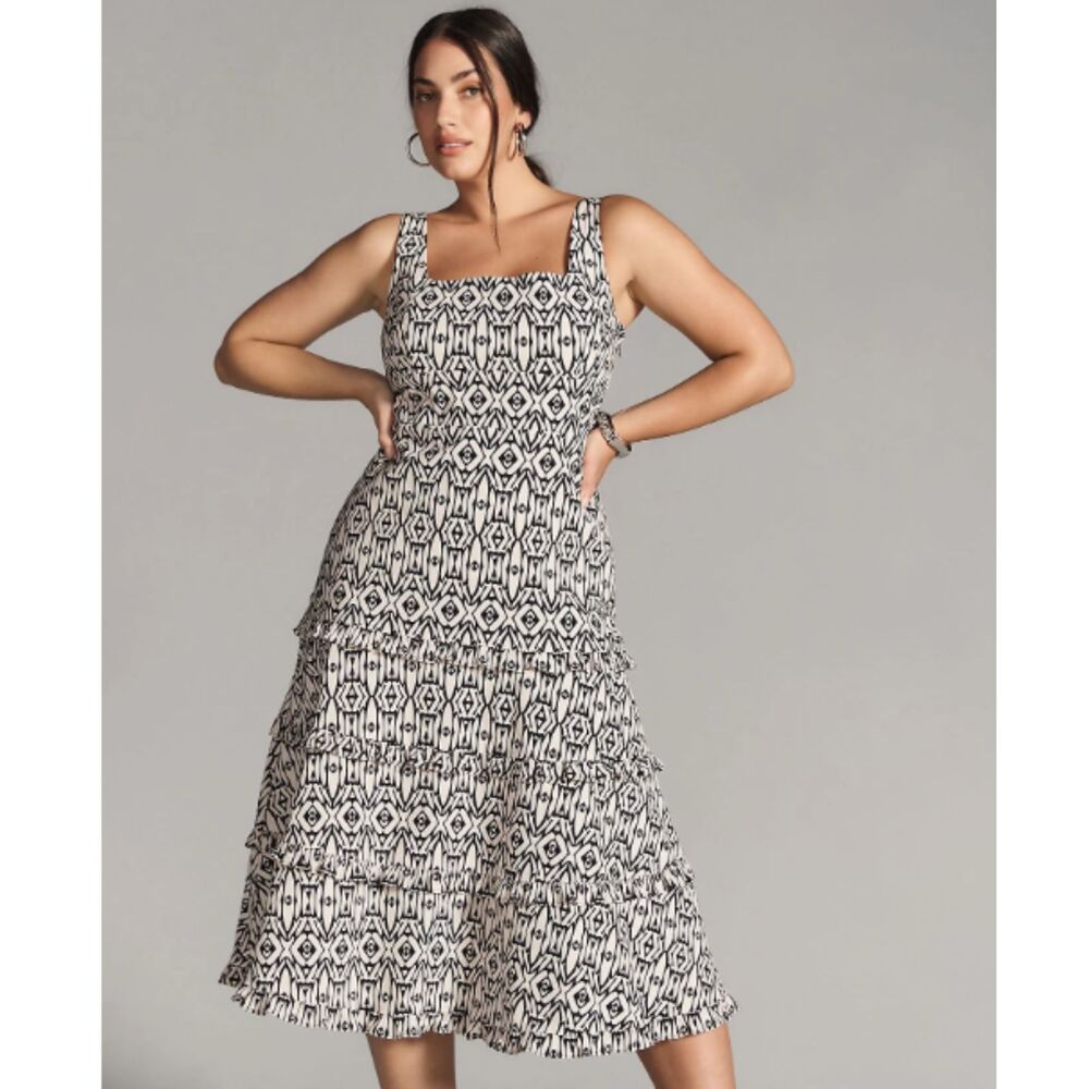 Anthropologie The Blythe Square-Neck Smocked Tiered Midi Dress M NWOT